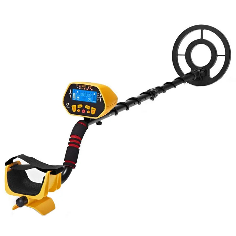 GC1028 black and yellow professional metal detector with LCD display and waterproof search coil on adjustable pole.