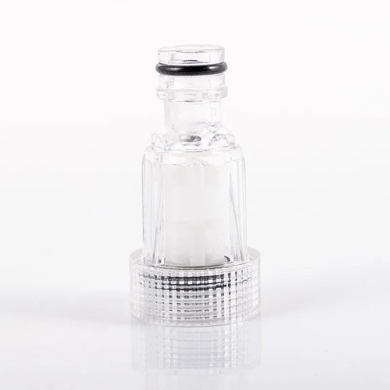 Transparent plastic inlet joint and filter screen for Karcher pressure washer, 3cm diameter.