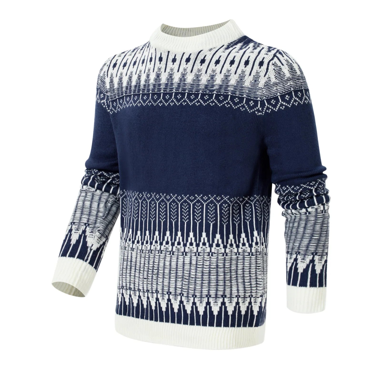 Men's knitted long-sleeved pullover sweater on a model, shown in one of several available styles.