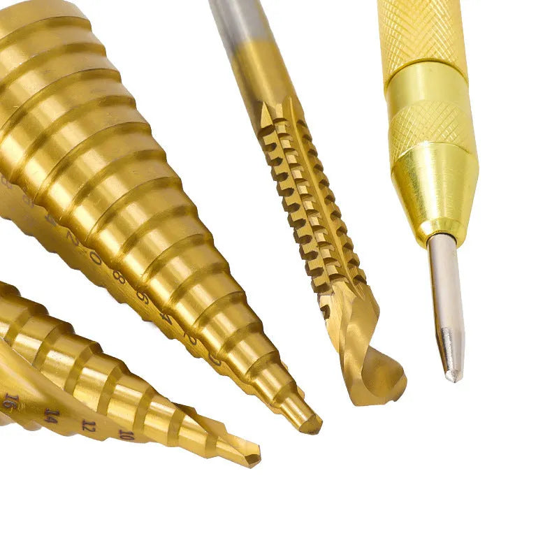 High speed steel step drill bit and centre punch set for drilling metal, wood, and plastic.