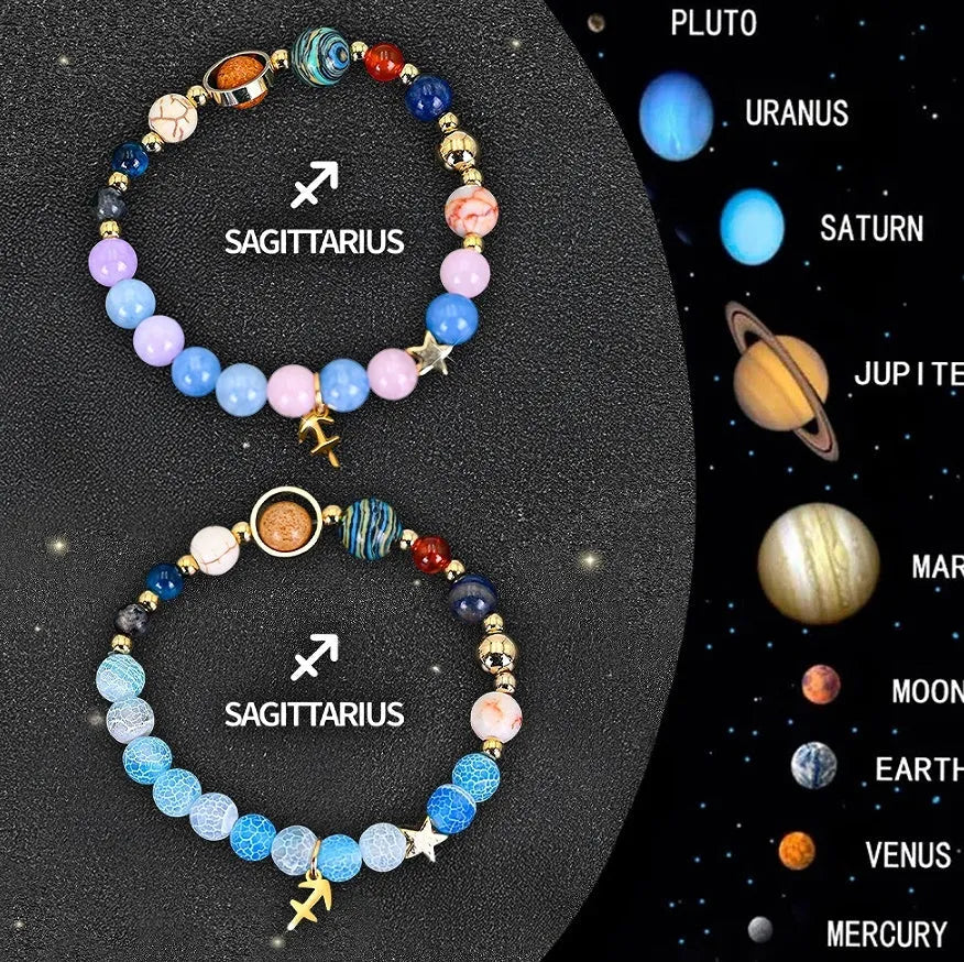 Natural stone beaded zodiac bracelet set showing all twelve astrological signs with two bracelets