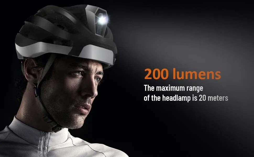 Black and grey smart adult cycling helmet with integrated Bluetooth warning lights.