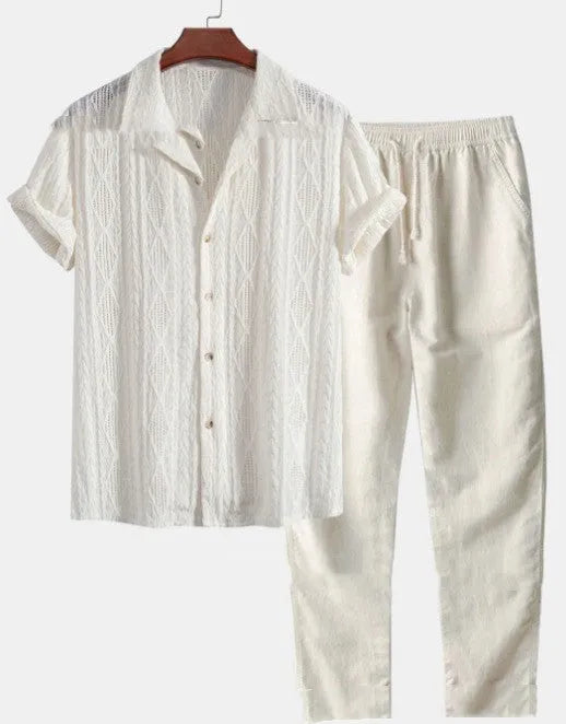 Men's loose-fit short sleeve shirt and trousers suit in milk silk polyester fabric