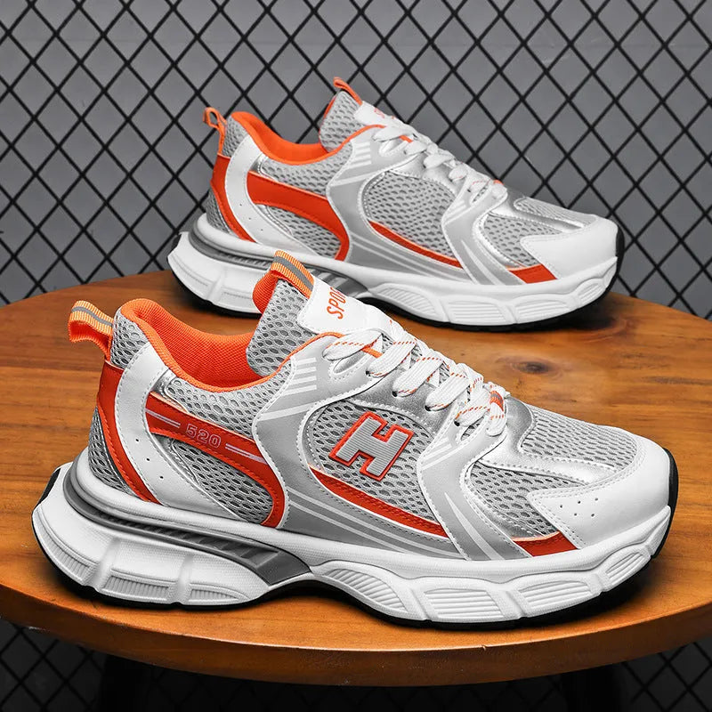 Men's mesh casual running shoes in black, grey, or orange with rounded toe and plastic sole