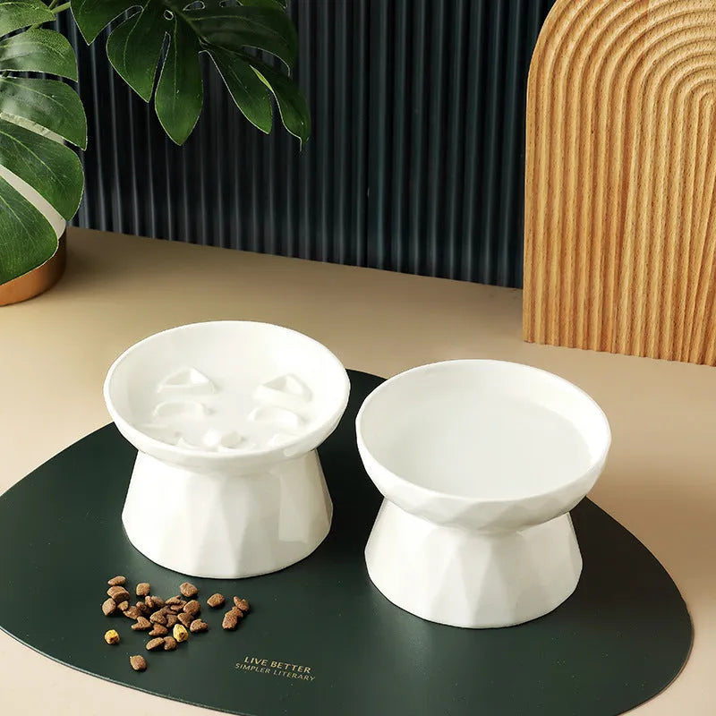 Ceramic tall cat bowl in slow food plate or diamond bowl shape, raised feeding dish for cats