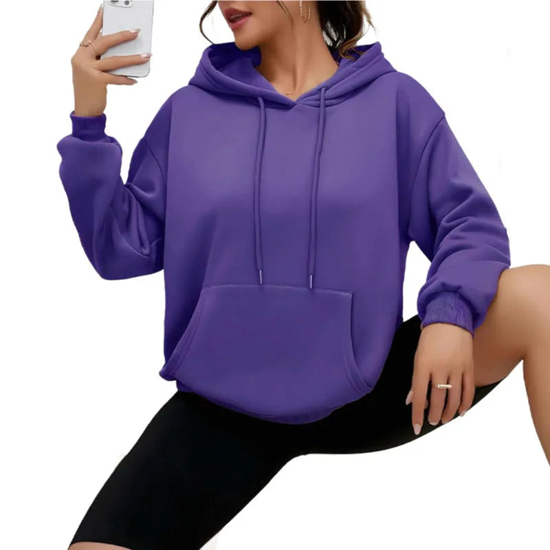 Women's loose drawstring pocket sweatshirt in polyester fabric with long sleeves