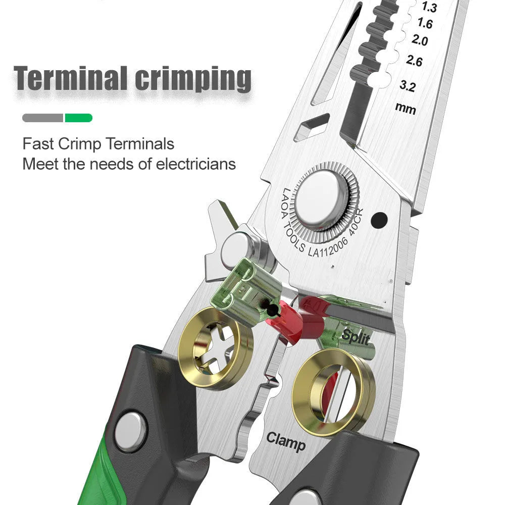Stainless steel multifunction wire stripper and crimping pliers with two-colour handle showing seven stripping ports.