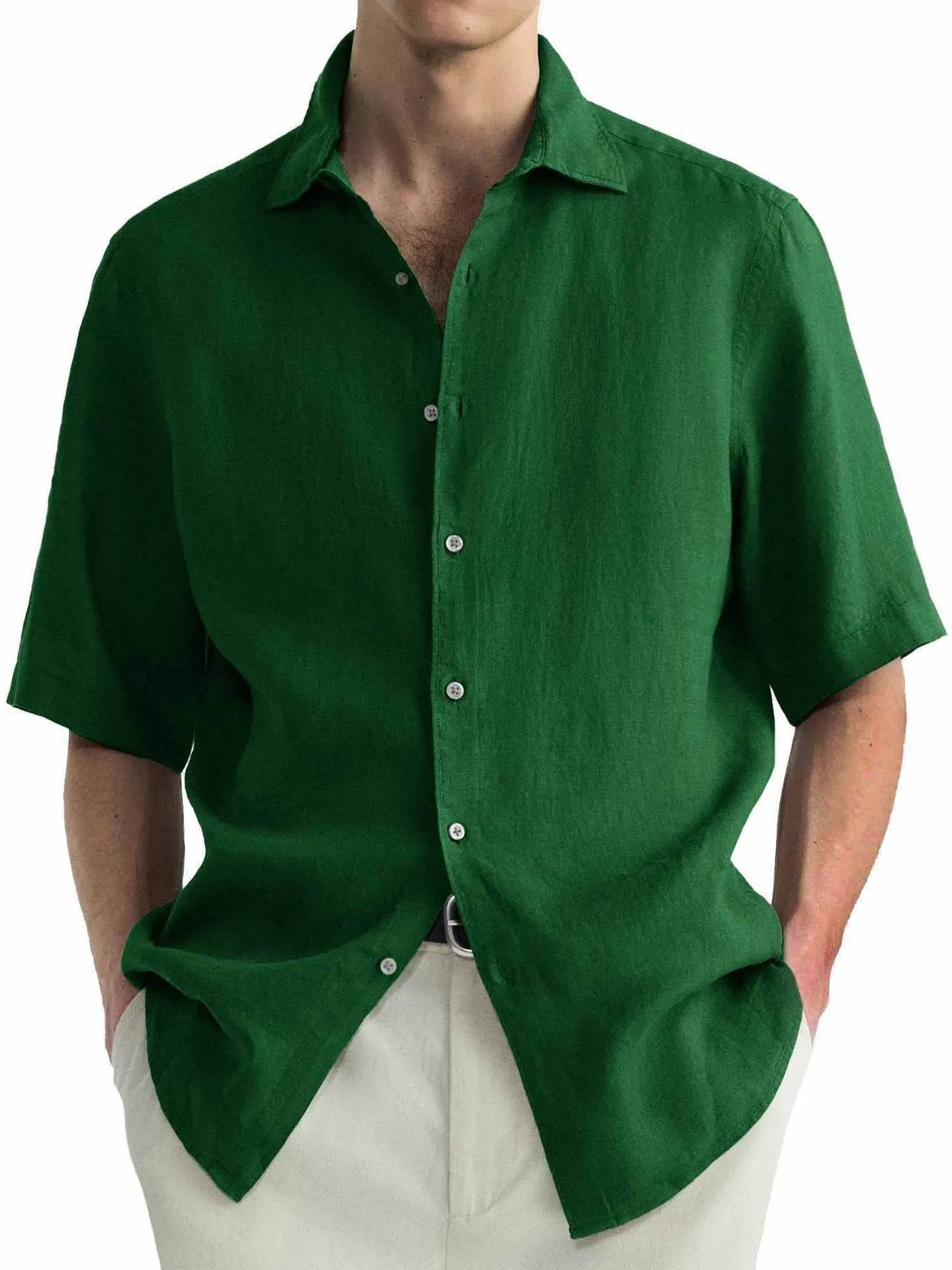 Men's washed green pure cotton cardigan-style casual shirt on a hanger.
