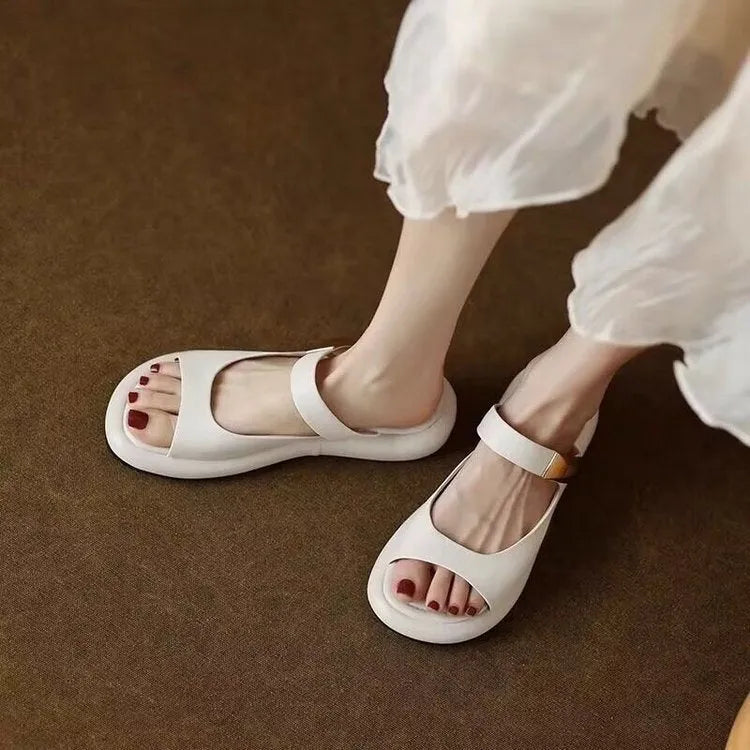 Women's apricot leather peep toe platform sandals with flat rubber soles