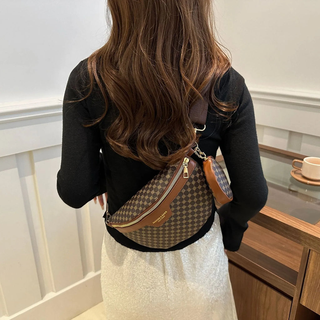 PU retro print crossbody bag with mobile phone compartment and sandwich pocket in black, brown, or coffee