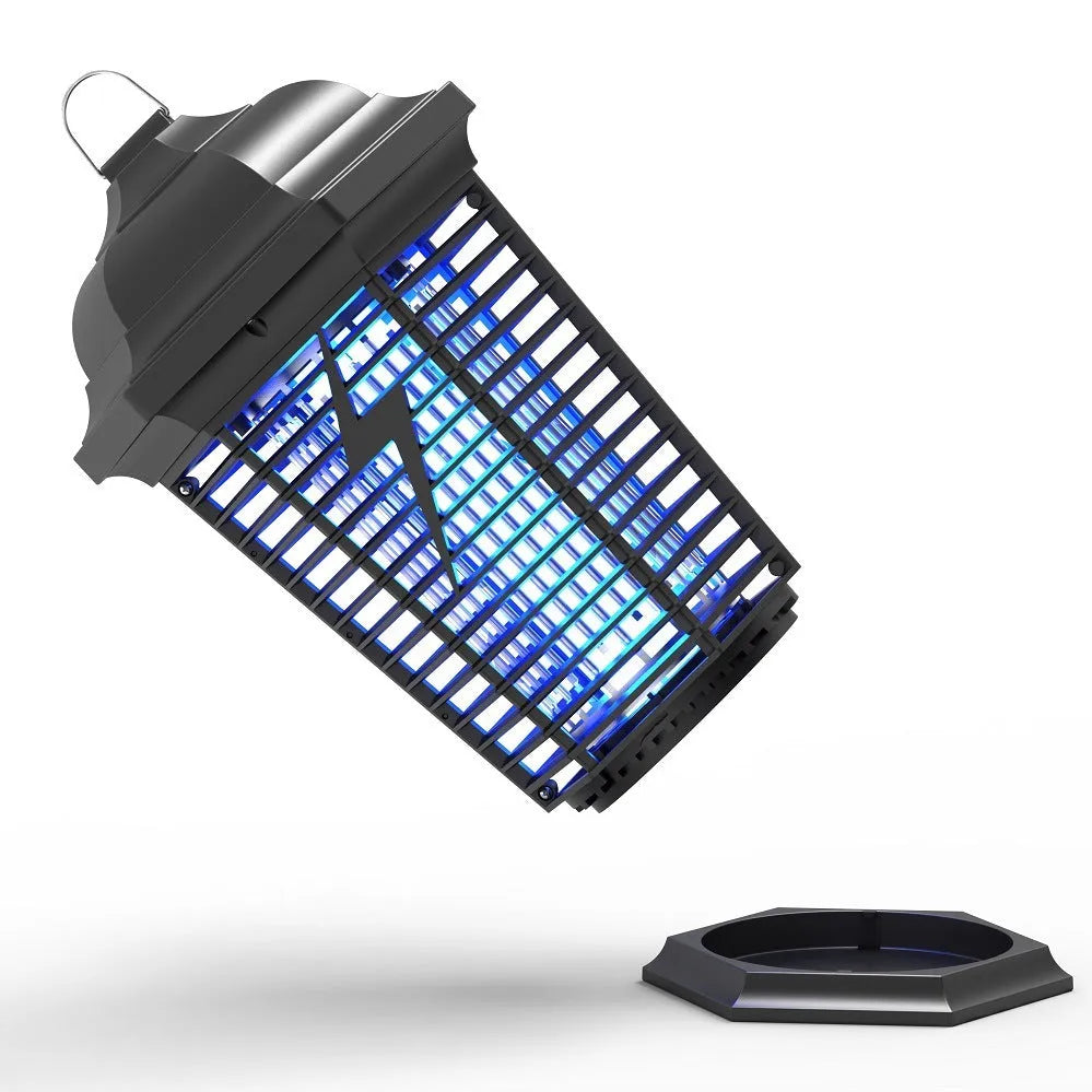 Black outdoor mosquito catcher with UV lamp and electric shock grid for patio and garden insect control