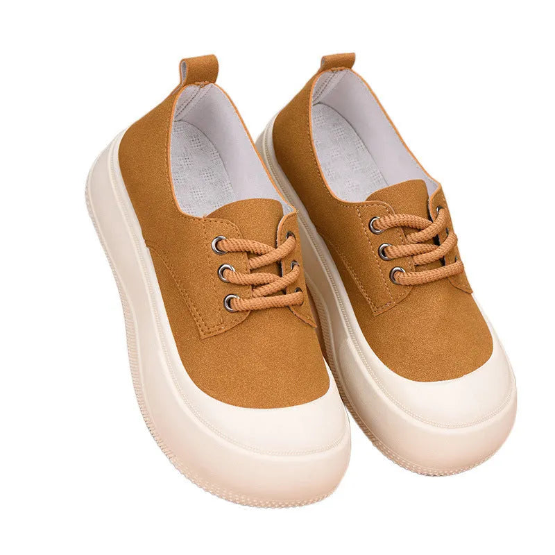 Women's suede platform loafers with 4cm height increase, round toe, and front lace-up design in beige, black, and camel.