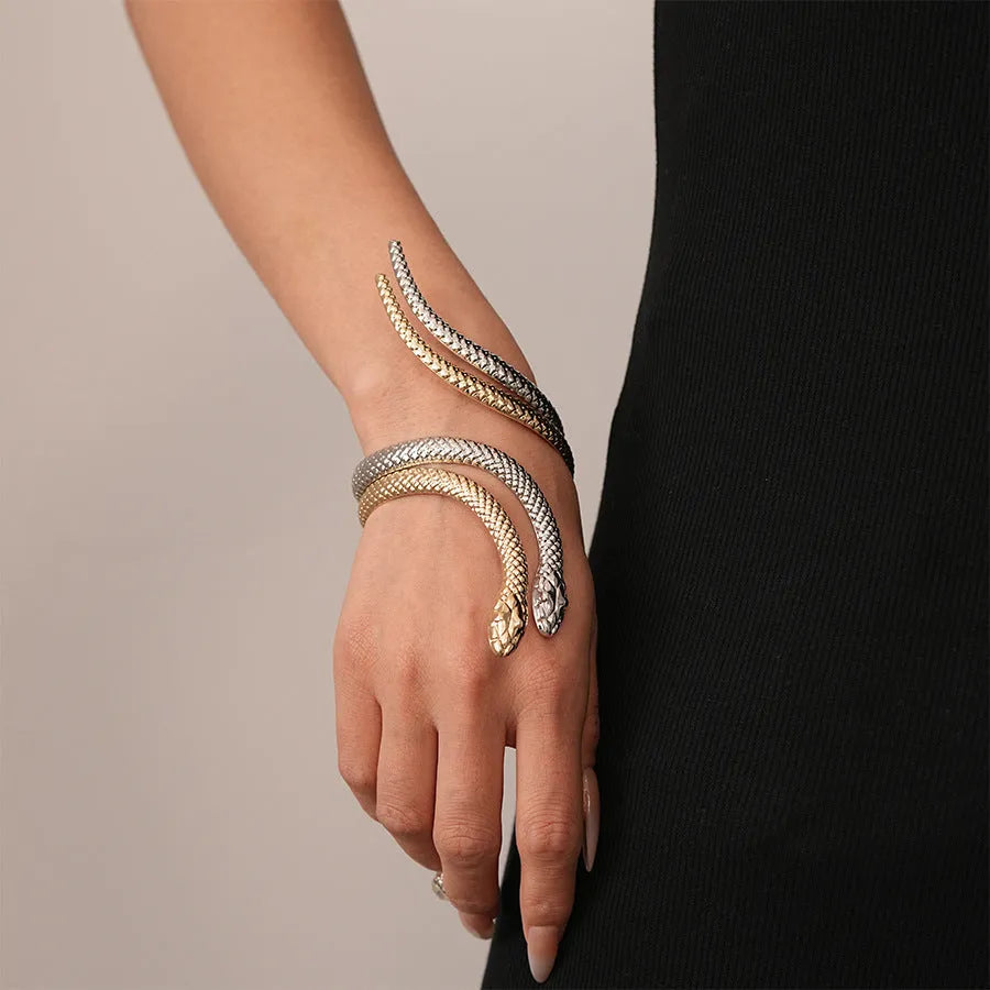 Metal snake ring and bracelet set with exaggerated twisted winding pattern in gold or silver colour