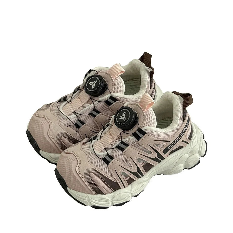 Girls casual trainers in beige with a breathable PU leather mesh upper, shown on a light background.