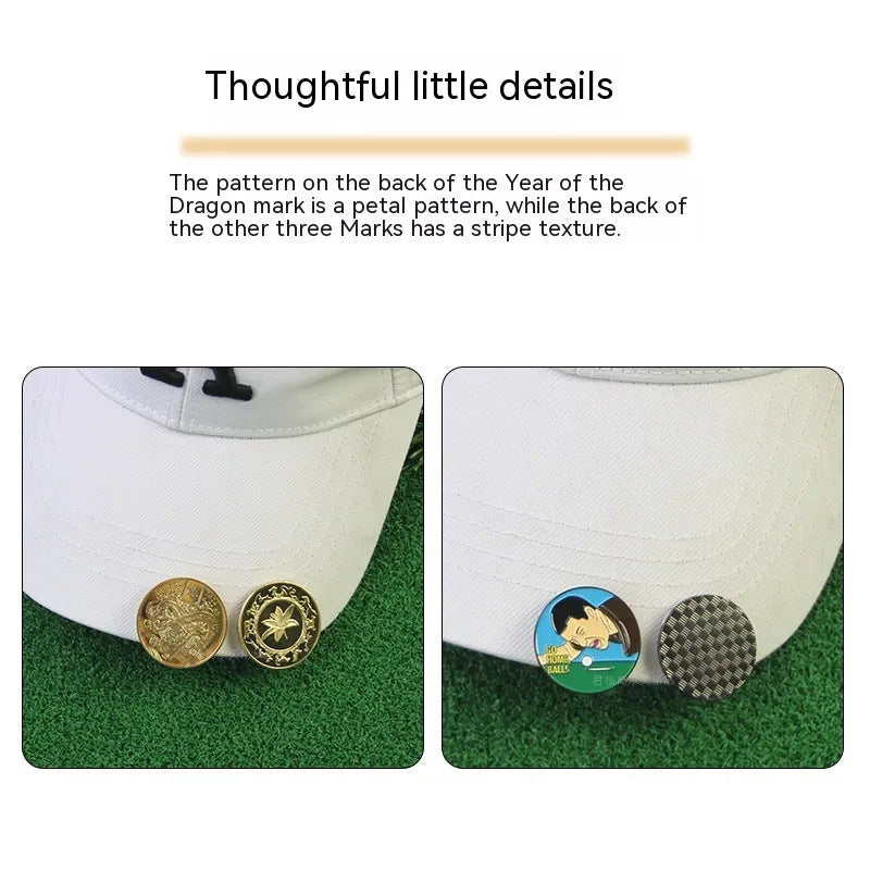 Zinc alloy hat clip showing Dragon Year, ace lick ball, IDID, and black hair blowing machine personalised pattern options.