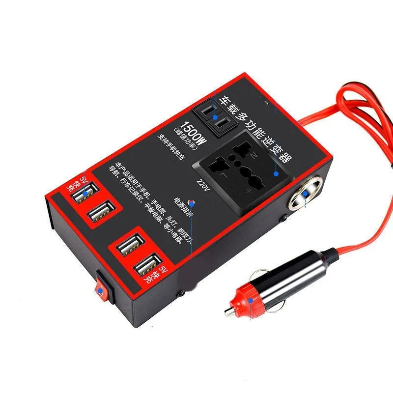 Black automotive power converter converting 12V/24V car power to 220V AC with 4 USB charging ports
