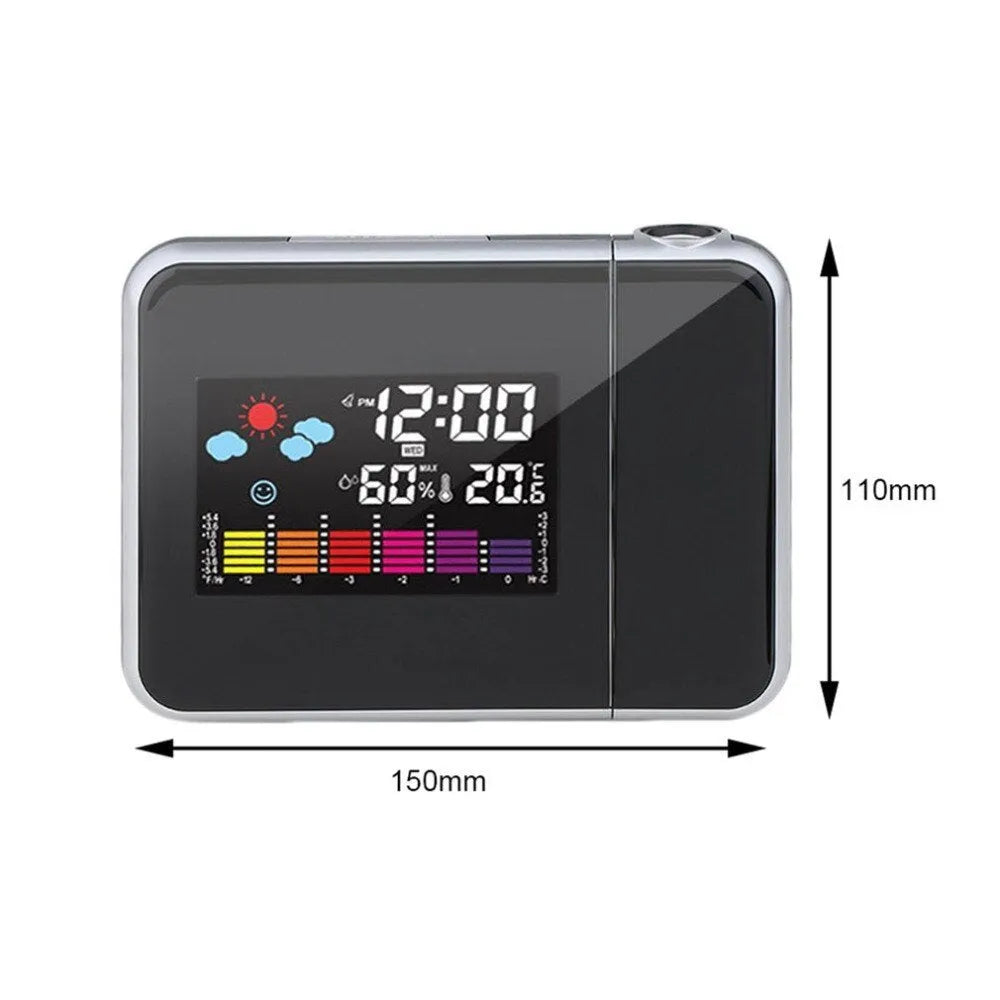 Black hard plastic digital alarm clock with projection feature and display showing time and temperature.