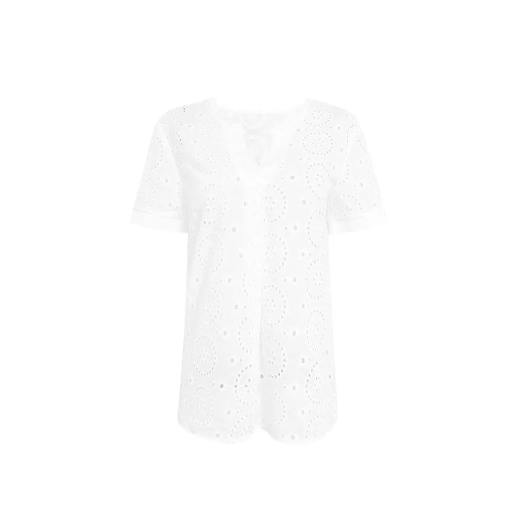 White women's V-neck T-shirt with hollow out design detail and short sleeves