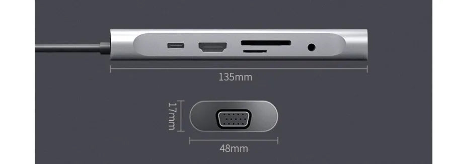 Grey aluminium USB-C docking station with HDMI, VGA, USB ports, and a 140mm cable.