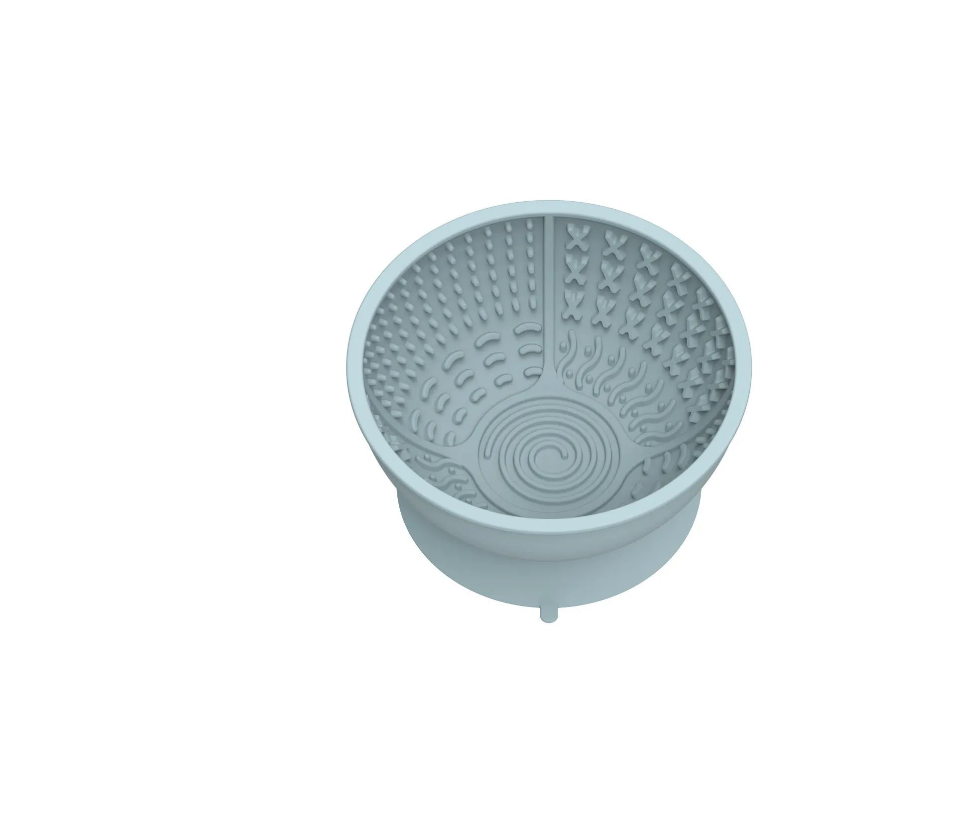 Cyan silicone pet licking mat and slow feeder bowl with suction cup base on a table.