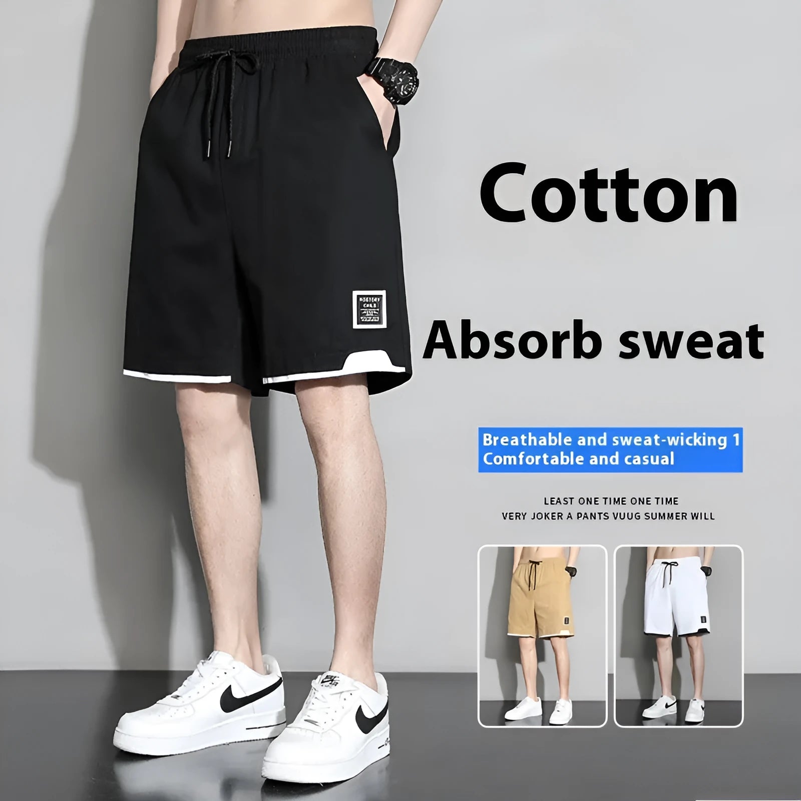 Cotton shorts for boys in black, khaki, or white, showing mid-waist and shorts-length design.
