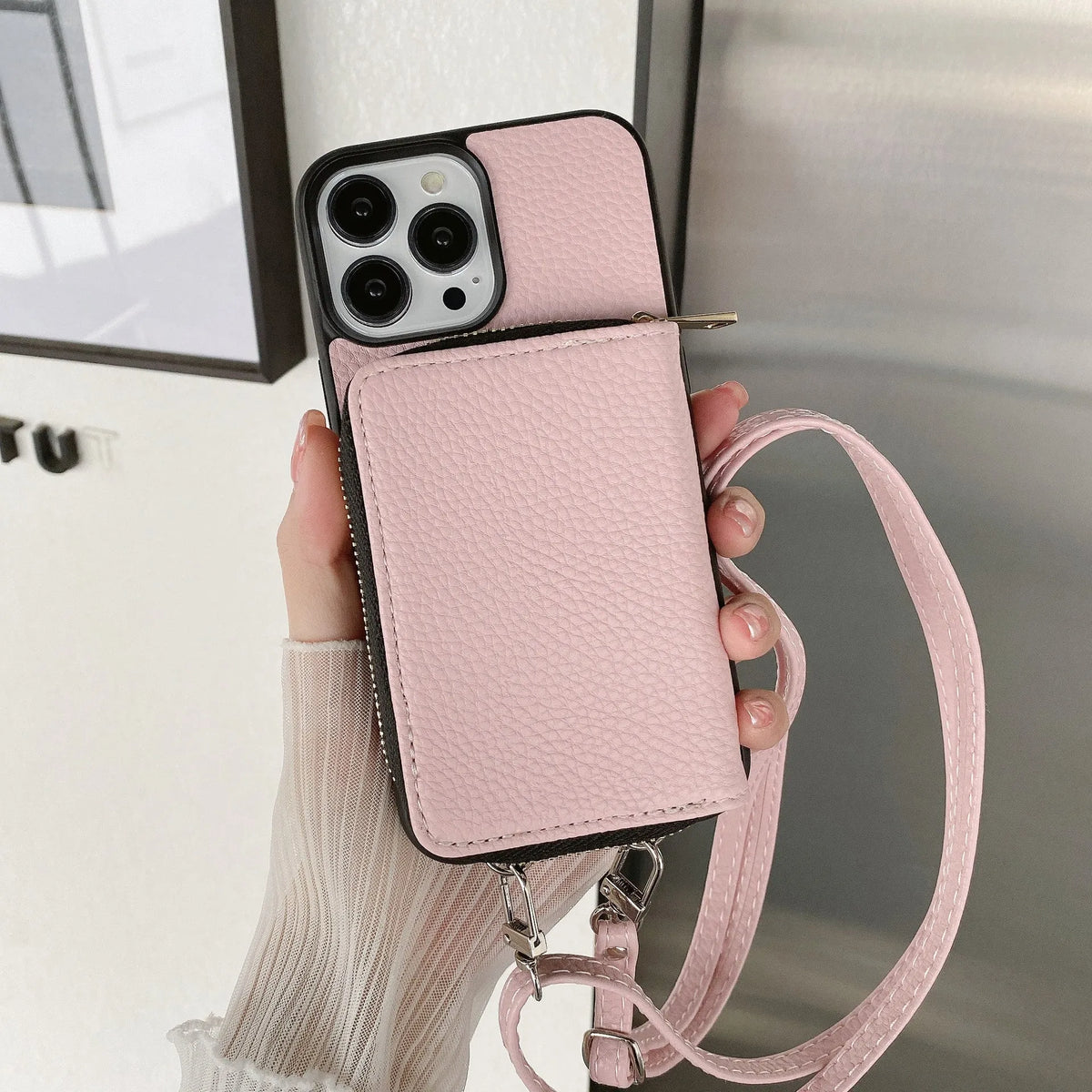 Litchi patterned black iPhone protective case showing textured back and side fit.