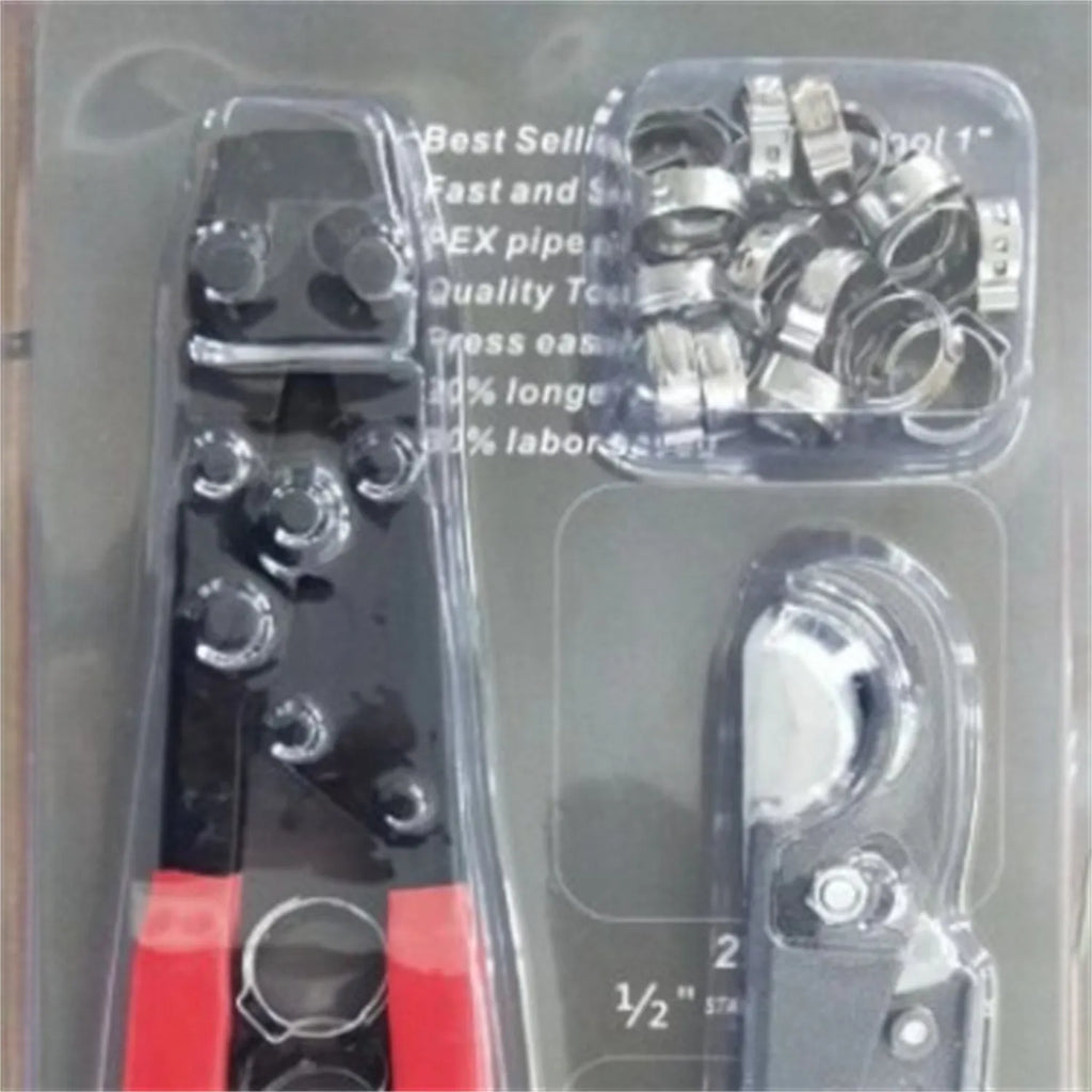 Red cloth style single ear PEX clamp set with metal construction and carbon steel cutting edge