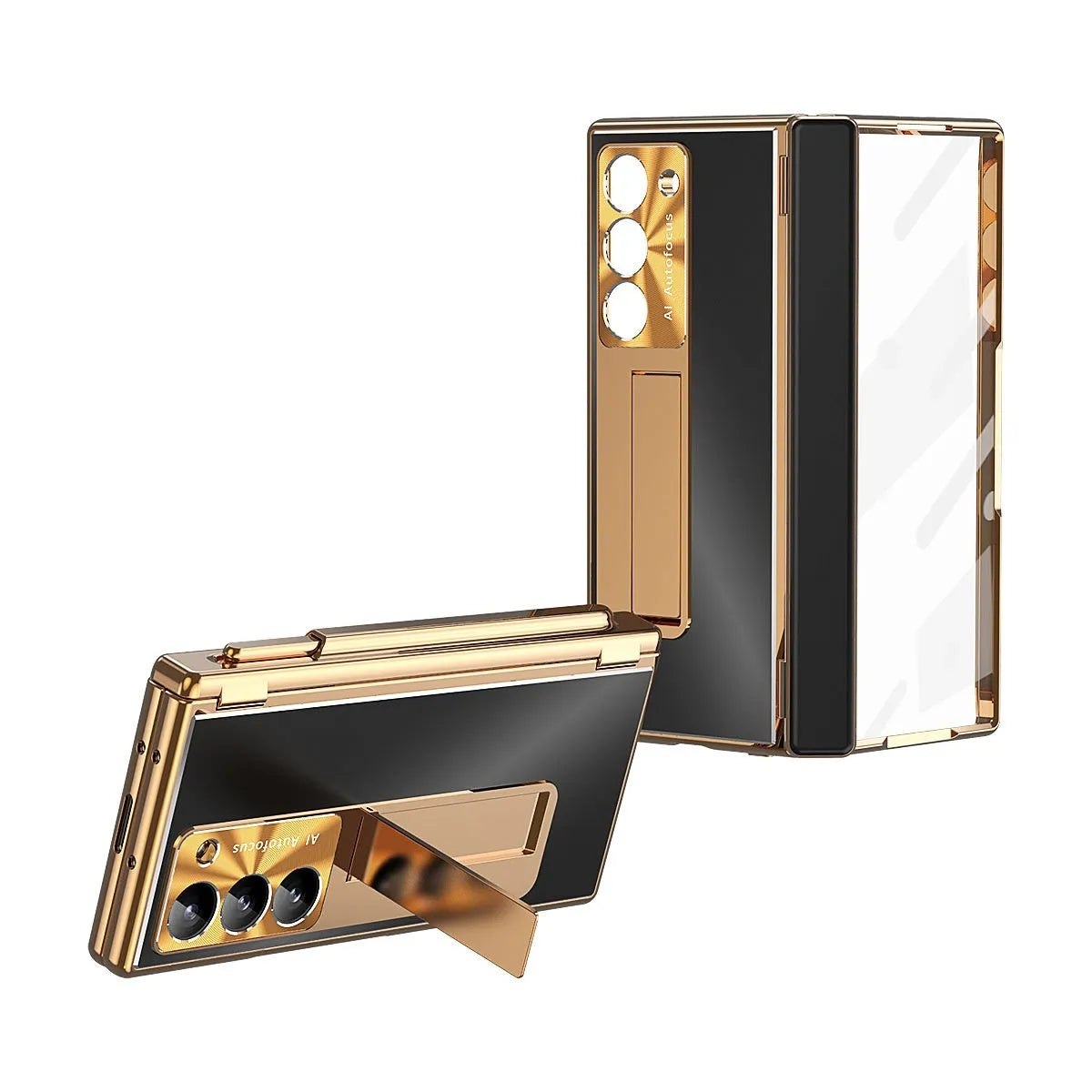 Aluminium alloy flip phone case for Samsung Z Fold 6 with magnetic closure and bracket, gold armour colour