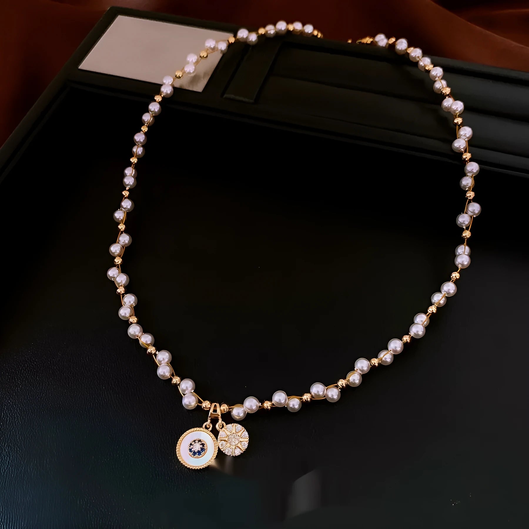Real gold electroplated pendant necklace with round zircon-inlaid imitation pearl on adjustable clavicle chain