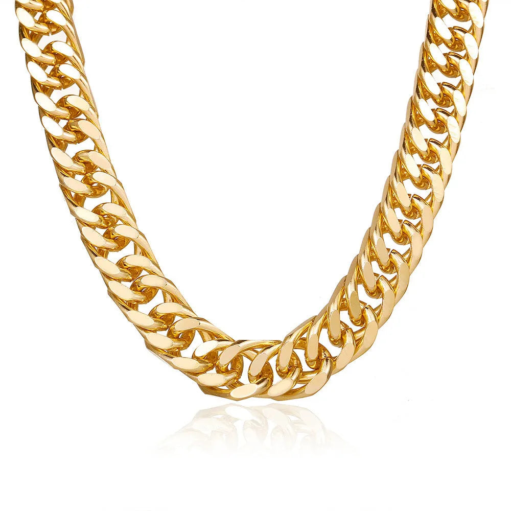Women's gold tone thick chain necklace showing alloy construction with electroplated finish