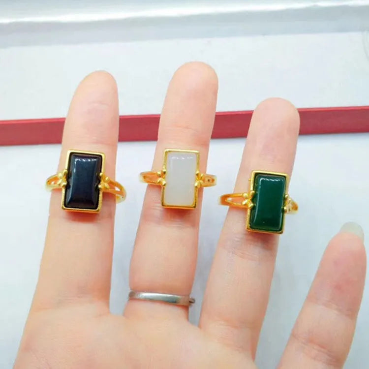 Brass gold-plated adjustable ring with gemstone inlay in national style design