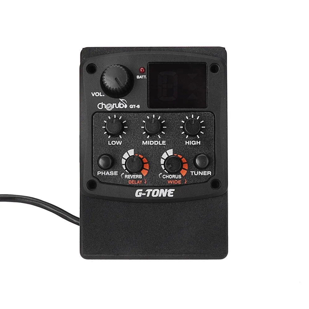 Cherub GT-6 black acoustic guitar soundhole pickup unit with EQ and effects knobs.