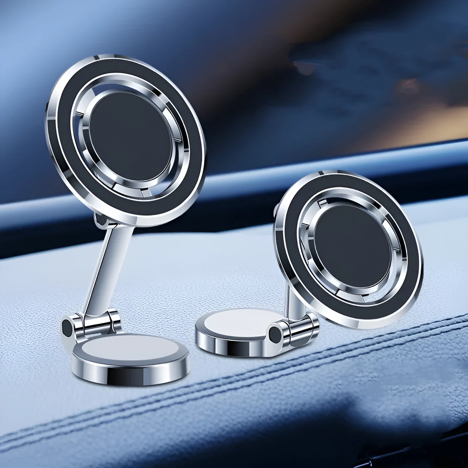 Car mobile phone holder with flexible clip and 360-degree swivel mount on a dashboard.