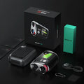 Black GPS golf rangefinder with AMOLED touch screen showing distance measurement display