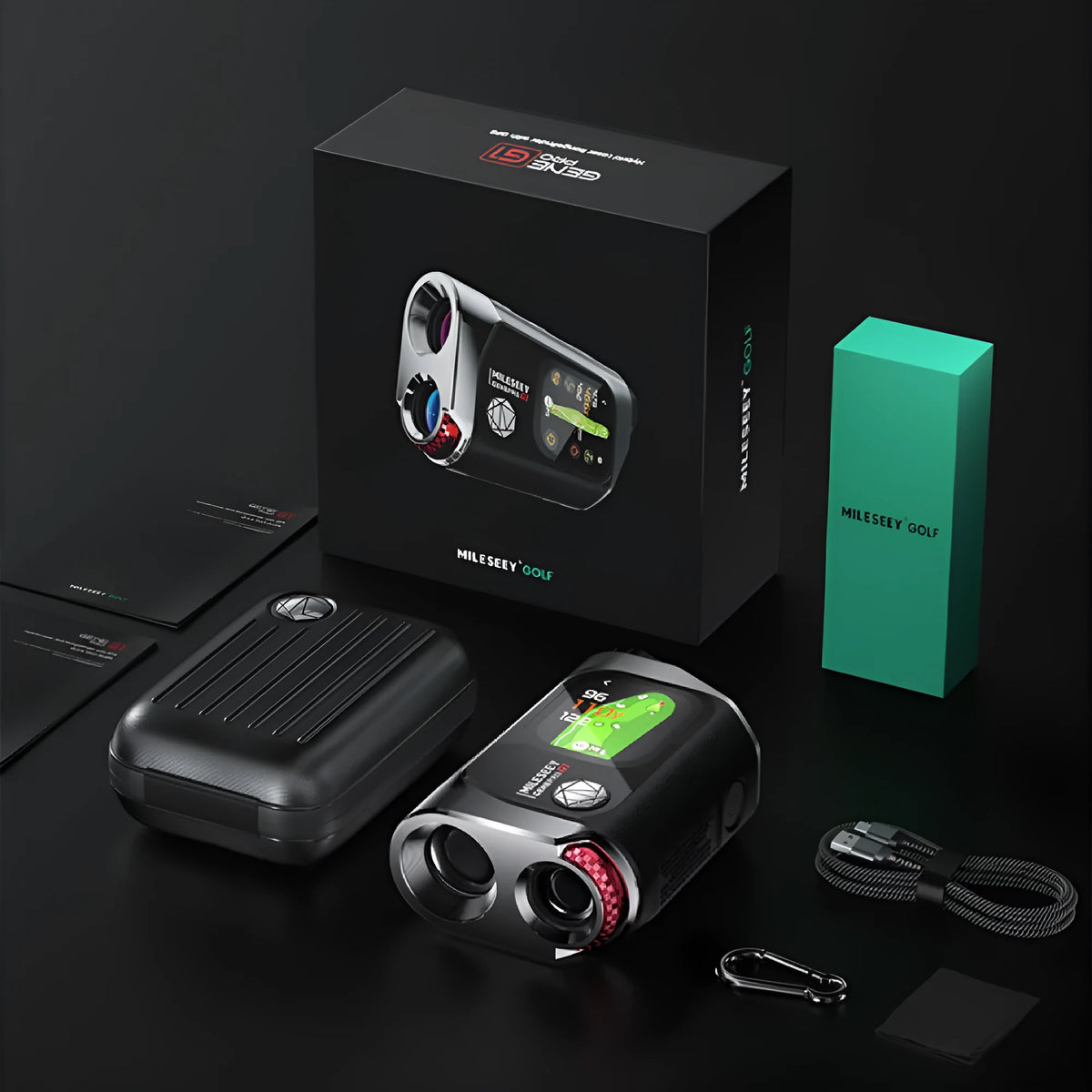 Black GPS golf rangefinder with AMOLED touch screen showing distance measurement display