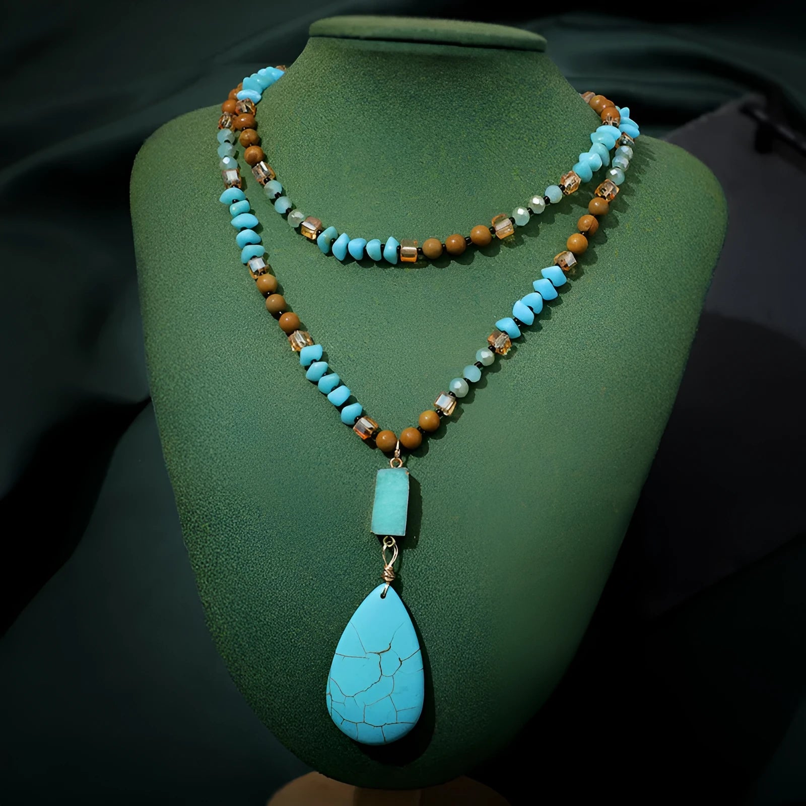 Turquoise blue heart-shaped pendant necklace with mixed gemstone inlay on 81cm ball bead chain