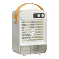 Compact dark green and ivory white USB-powered desktop air humidifier with digital display on a wooden desk.