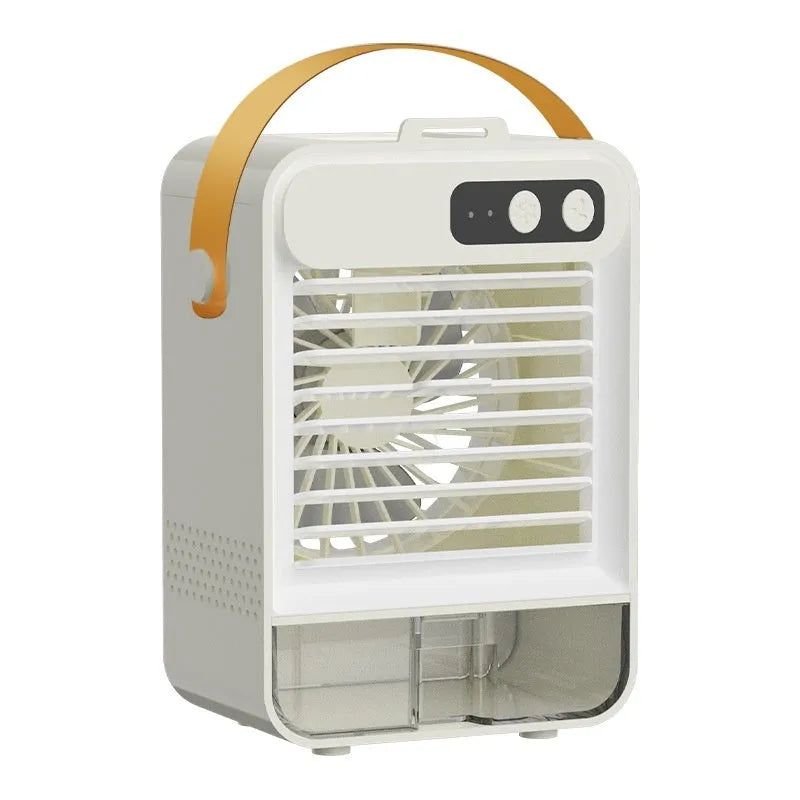 Compact dark green and ivory white USB-powered desktop air humidifier with digital display on a wooden desk.