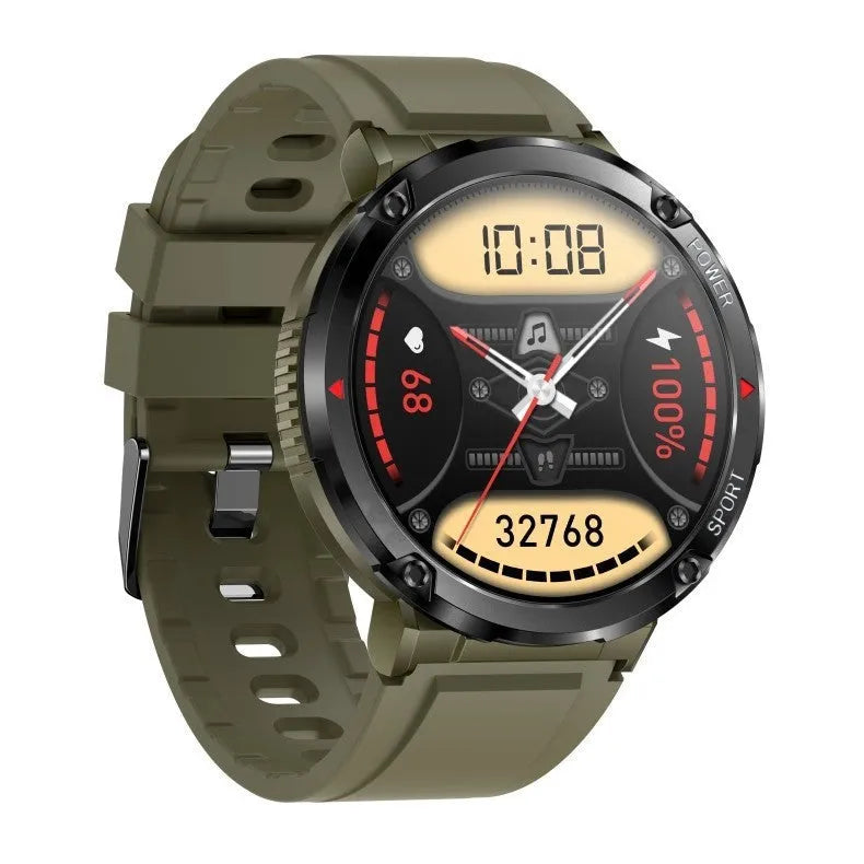 T30 smart watch with a black silicone strap on a wrist, showing a home screen with time and health metrics.