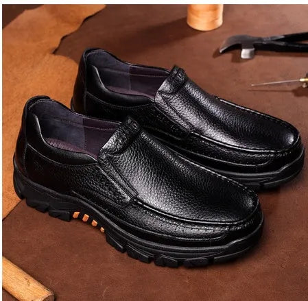 Men's black and brown business casual slip-on shoes with cowhide upper and rubber sole