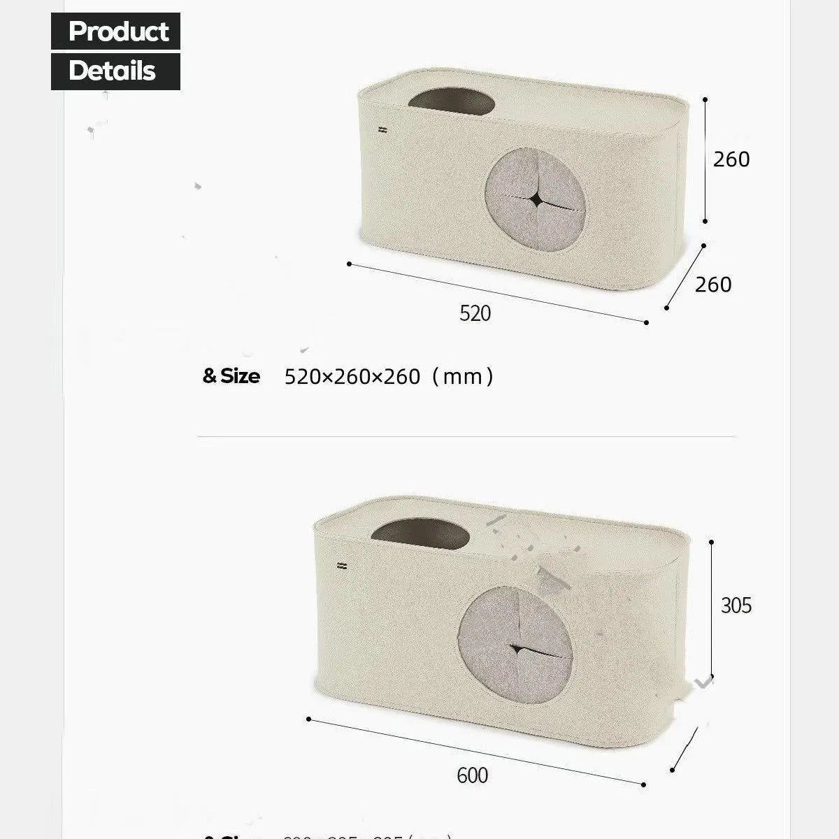 Foldable khaki grey felt cat nest bed shown in 52cm and 60cm size options.