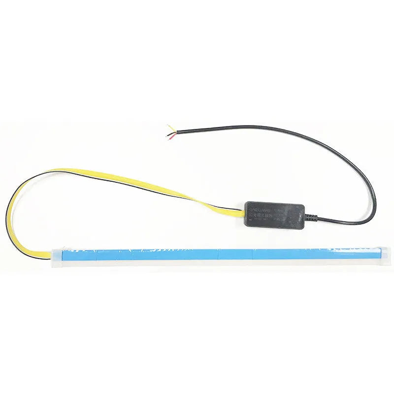 Flexible silicone car LED daytime running light strip with turn signal function, showing wire connections.