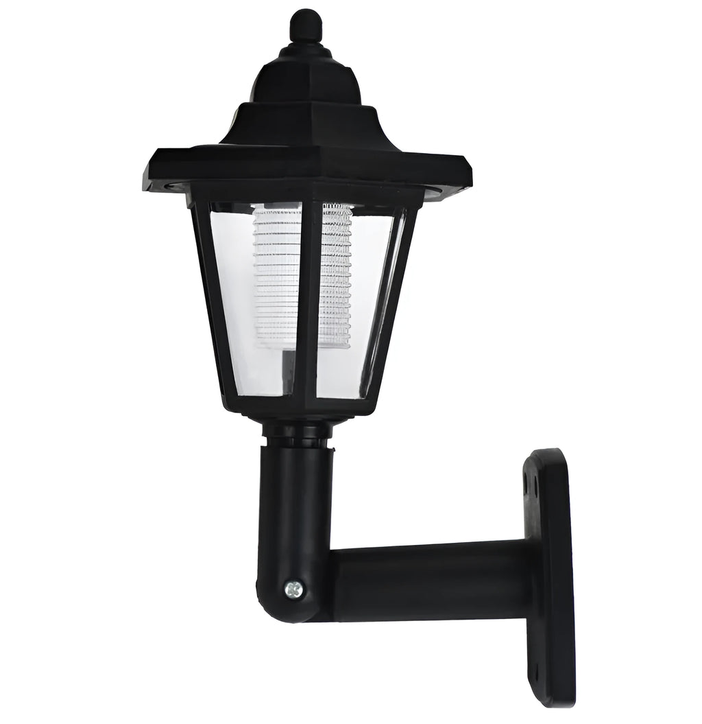 Black hexagonal solar-powered outdoor wall lamp with LED light.