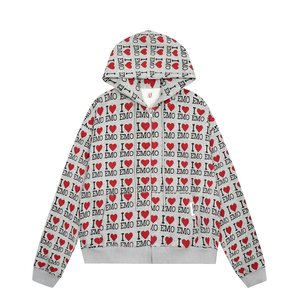 Women's grey hooded cardigan with retro pattern design