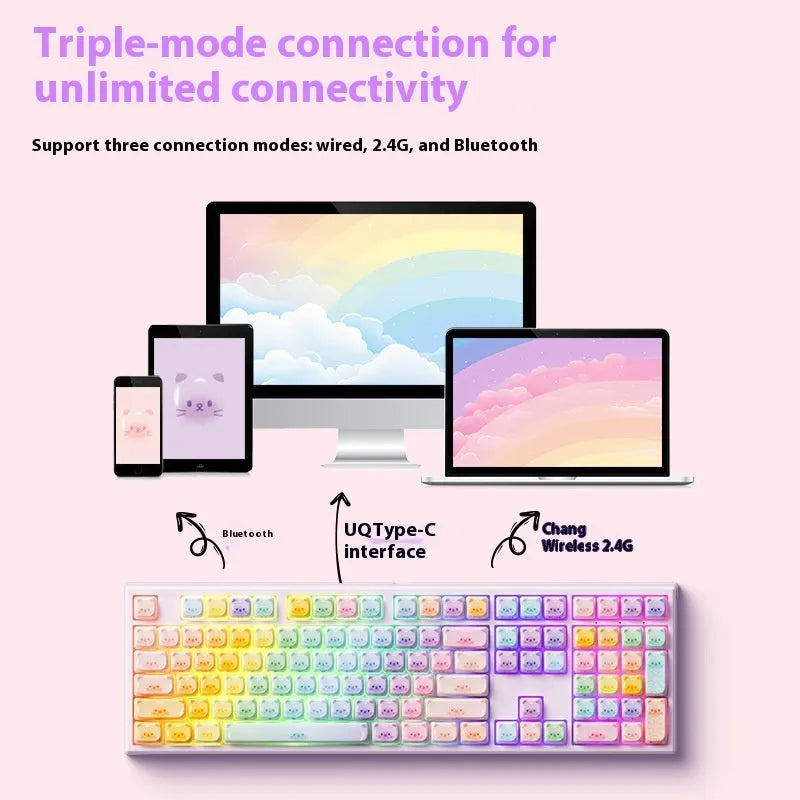 Coloured sugar cat theme mechanical keyboard with Bluetooth connectivity and piano shaft switches