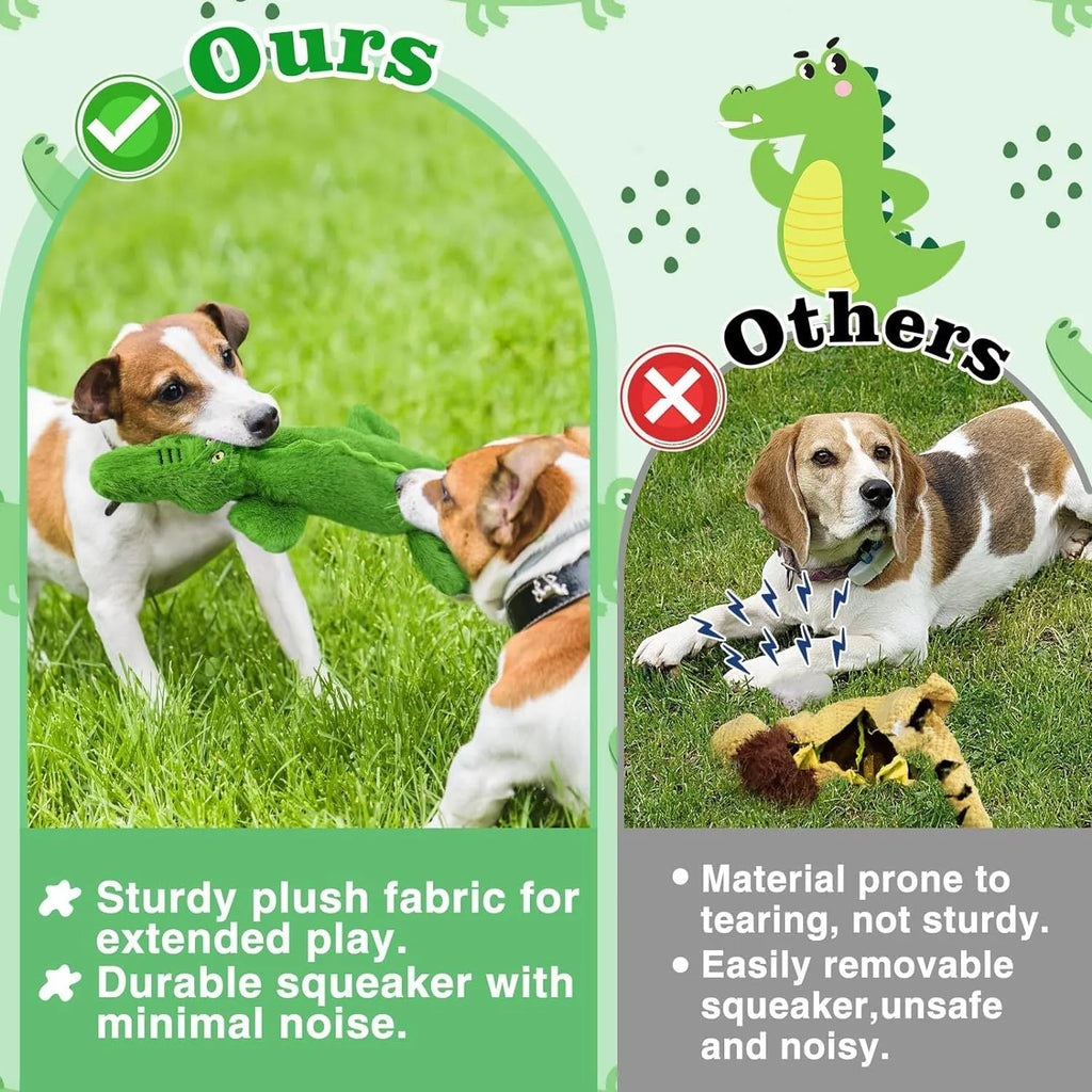 Green crocodile-shaped plush dog chew toy with no-stuffing construction