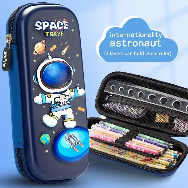 3D leather pencil case showing embossed astronaut and dinosaur design options.