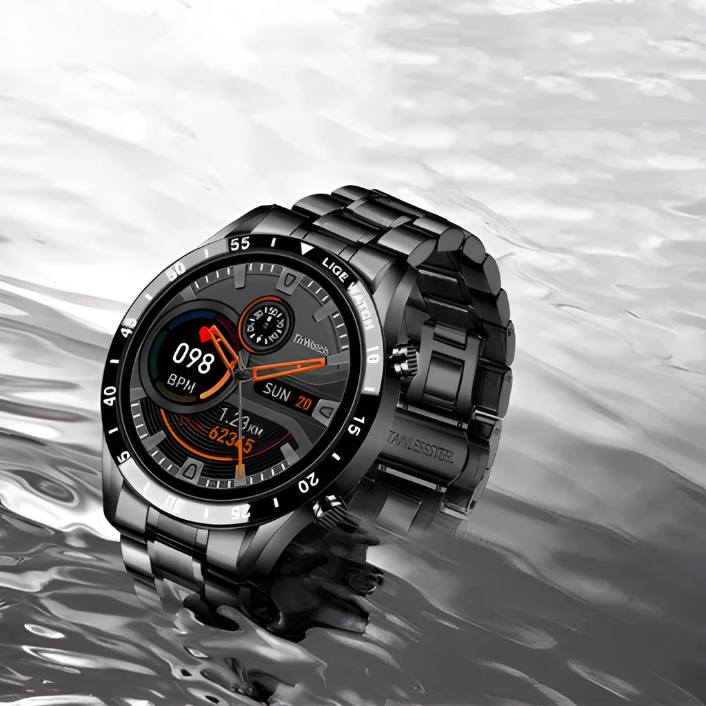 Smart watch with stainless steel wristband and 1.3 inch touch screen display in black or silver colour