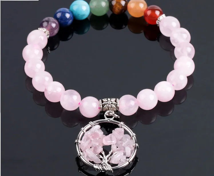 Women's seven chakras crystal beaded bracelet with 8mm powder crystal beads and copper fittings, about 18.8cm long