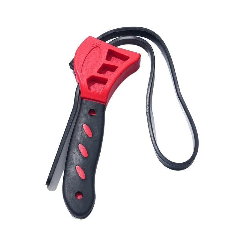 Adjustable rubber strap wrench showing plastic body and rubber strap in 6-inch and 8-inch sizes